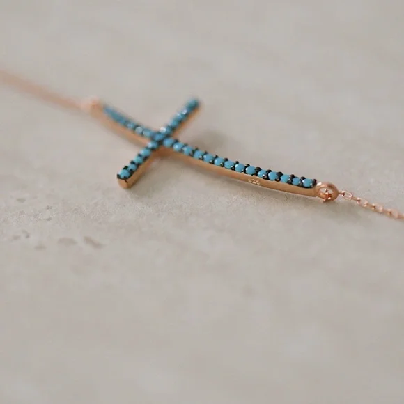 Turquoise Cross Necklace | 14k Rose Gold Plated - Picture 3 of 7